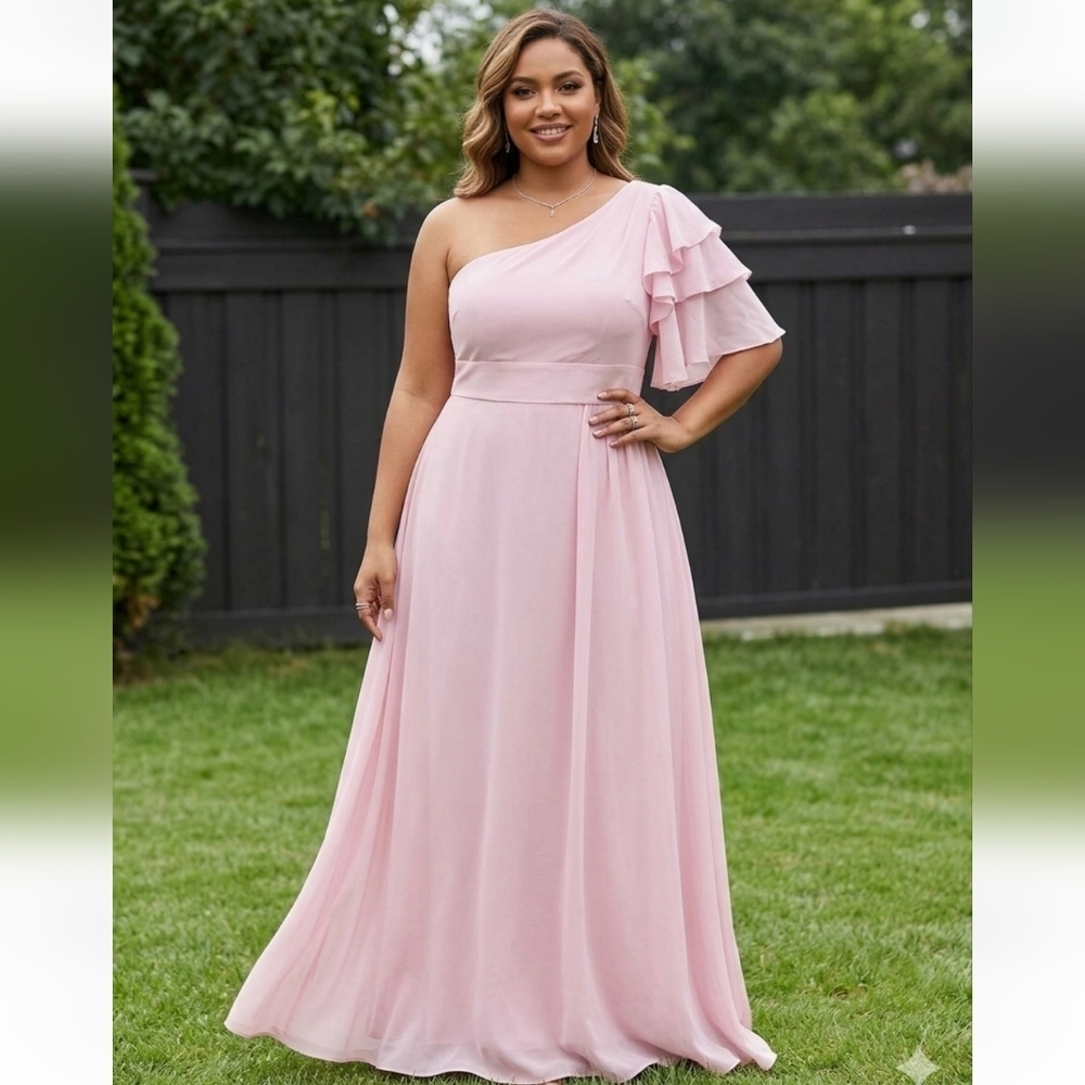 Elegant Pink One Shoulder Party Wedding Fancy Formal Dress - Size 2X NWT